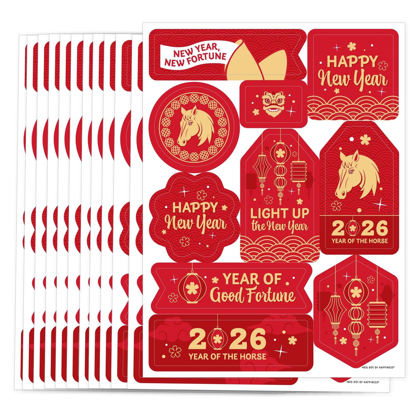 Lunar New Year - 2026 Year of the Horse Party Favor Sticker Set - 12 Sheets - 120 Stickers