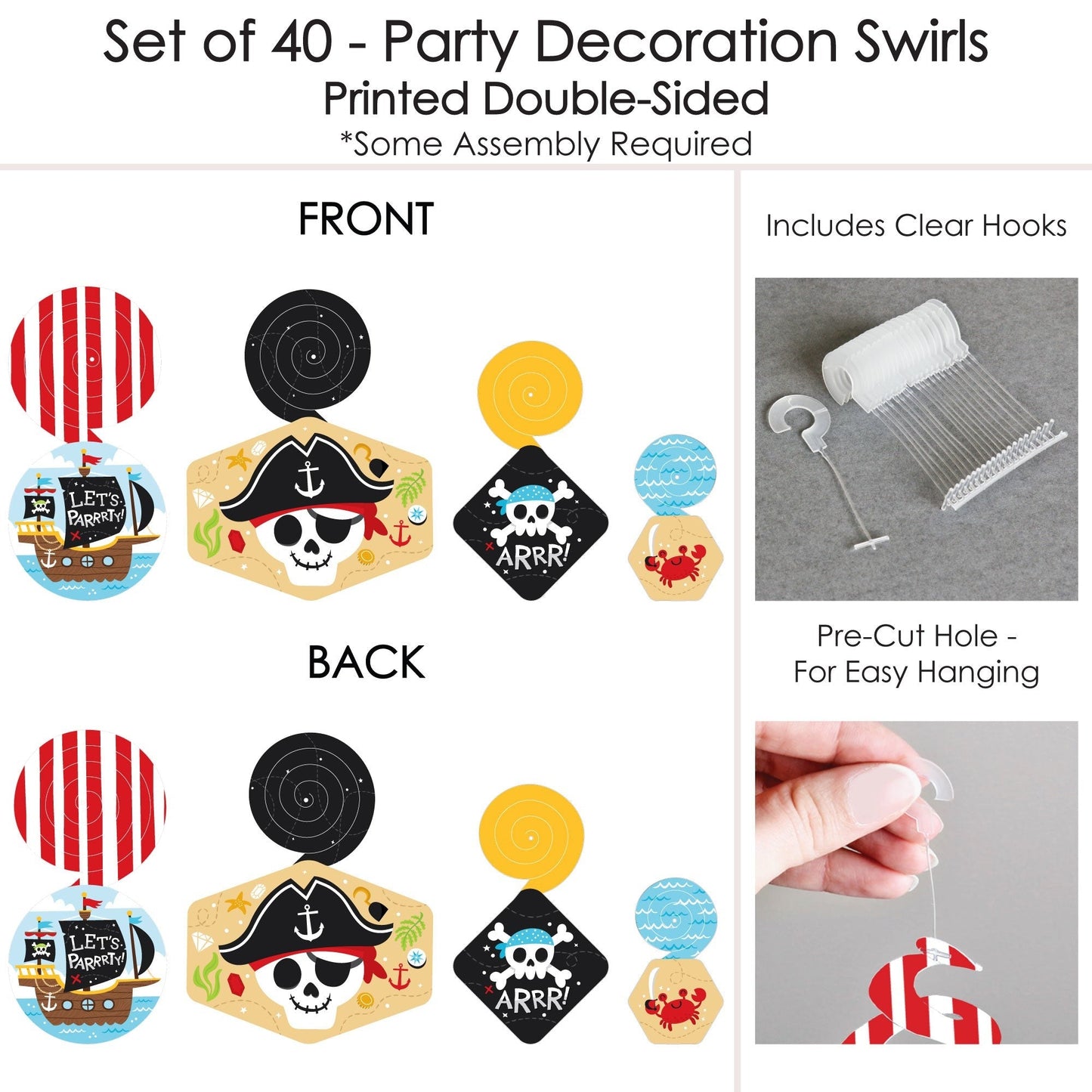 Pirate Ship Adventures - Skull Birthday Party Hanging Decor - Party Decoration Swirls - Set of 40