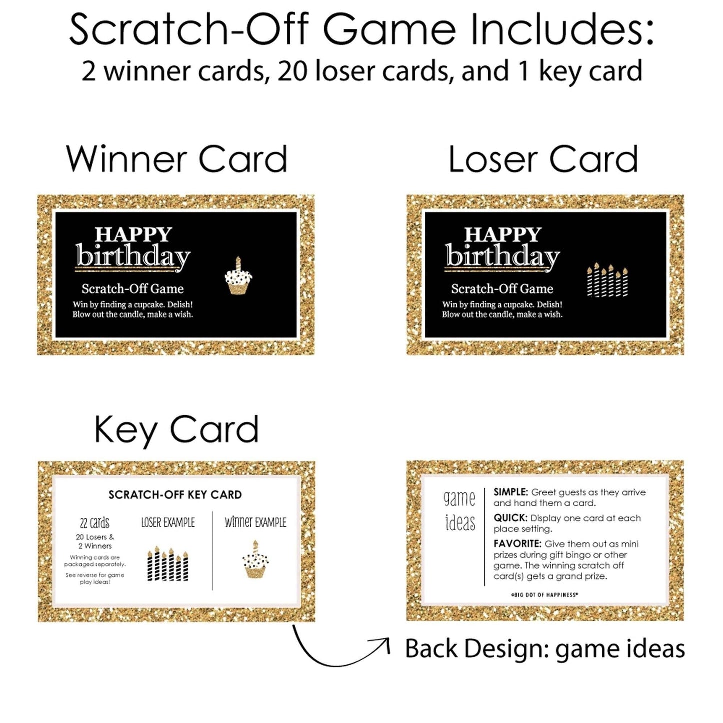 Adult Happy Birthday - Gold - Birthday Party Game Scratch Off Cards - 22 ct