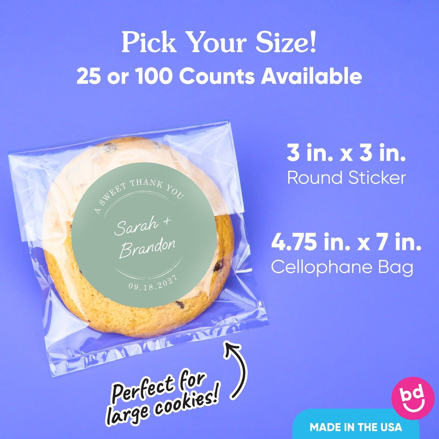 Custom Text Stickers & Clear Cookie Bags - Sage Green Thank You