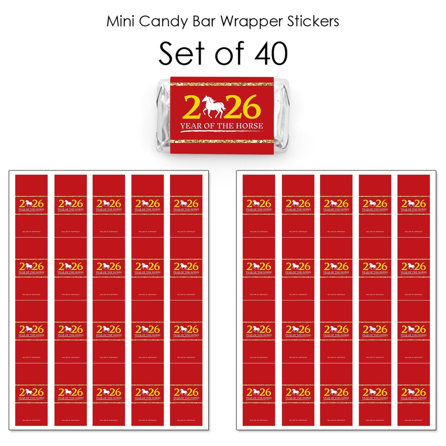 Chinese New Year - Mini Candy Bar Wrapper Stickers - 2026 Year of the Horse Small Favors - 40 Count