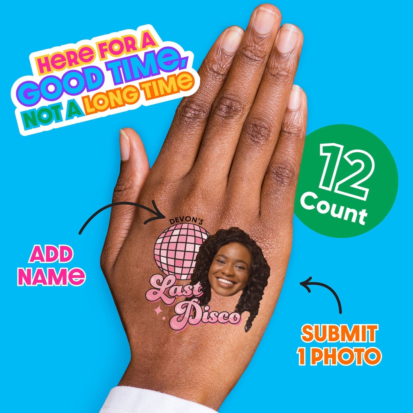 Custom Photo Last Disco - Bachelorette Party Favors - Fun Face Temporary Tattoos - Set of 12