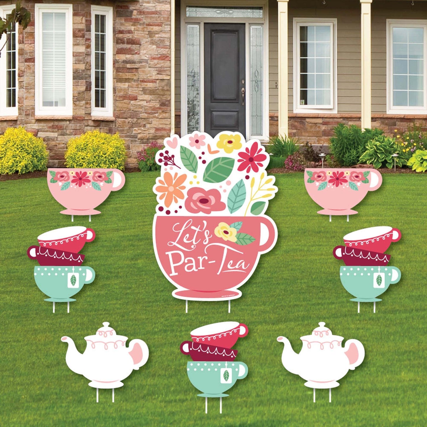 Floral Let's Par-Tea - Yard Sign and Outdoor Lawn Decorations - Garden Tea Party Yard Signs - Set of 8