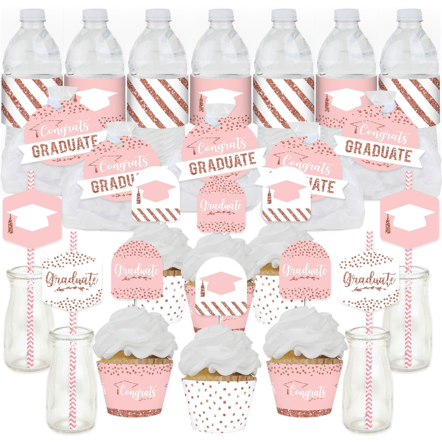 Rose Gold Grad - Graduation Party Favors and Cupcake Kit - Fabulous Favor Party Pack - 100 Pieces
