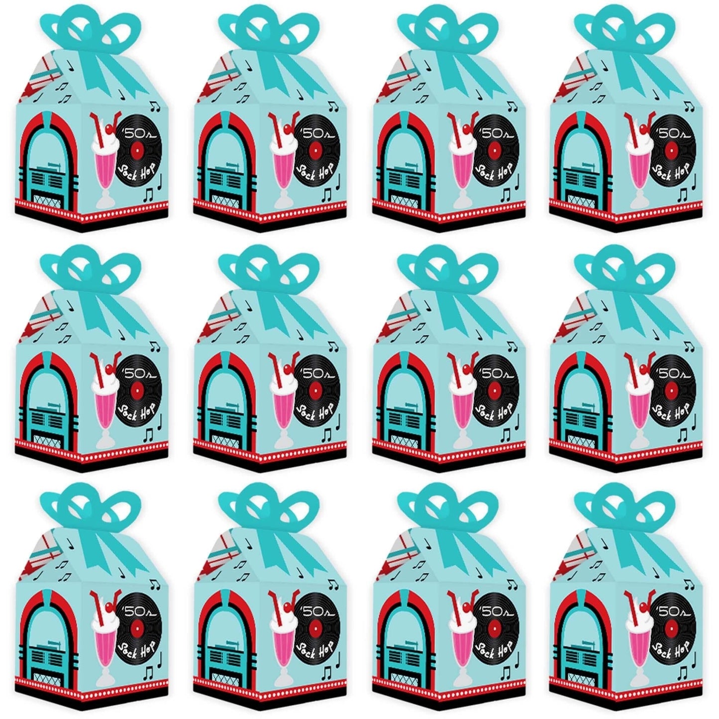 50's Sock Hop - Square Favor Gift Boxes - 1950s Rock N Roll Party Bow Boxes - Set of 12