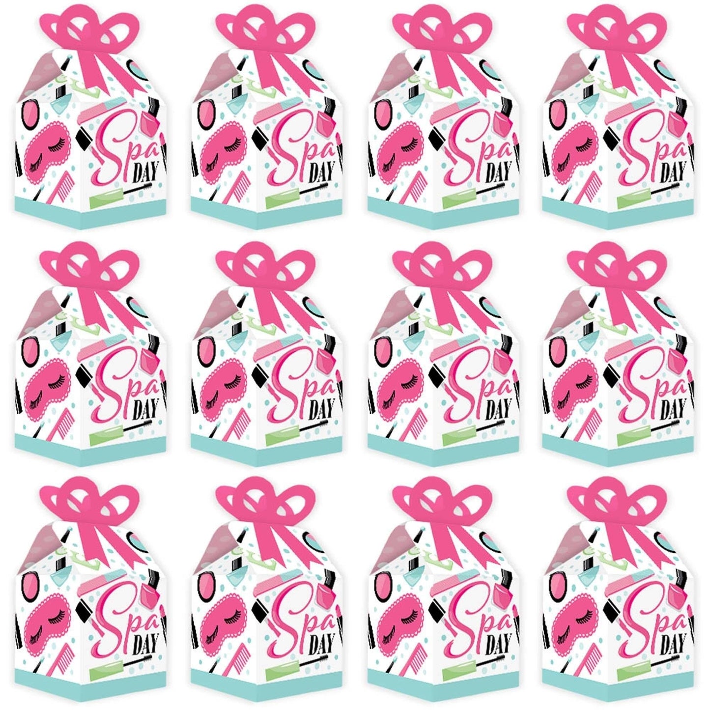 Spa Day - Square Favor Gift Boxes - Girls Makeup Party Bow Boxes - Set of 12