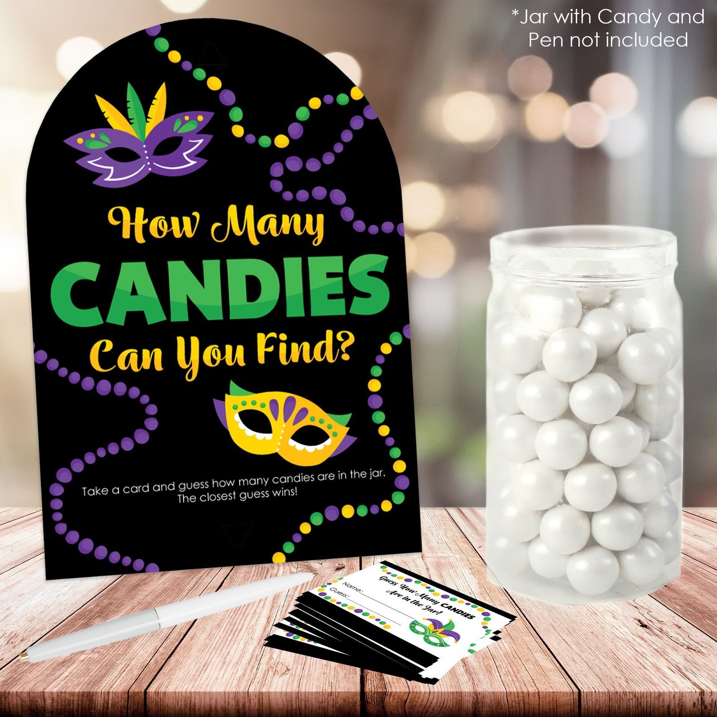 Colorful Mardi Gras Mask - How Many Candies Masquerade Party Game - 1 Stand and 40 Cards - Candy Guessing Game