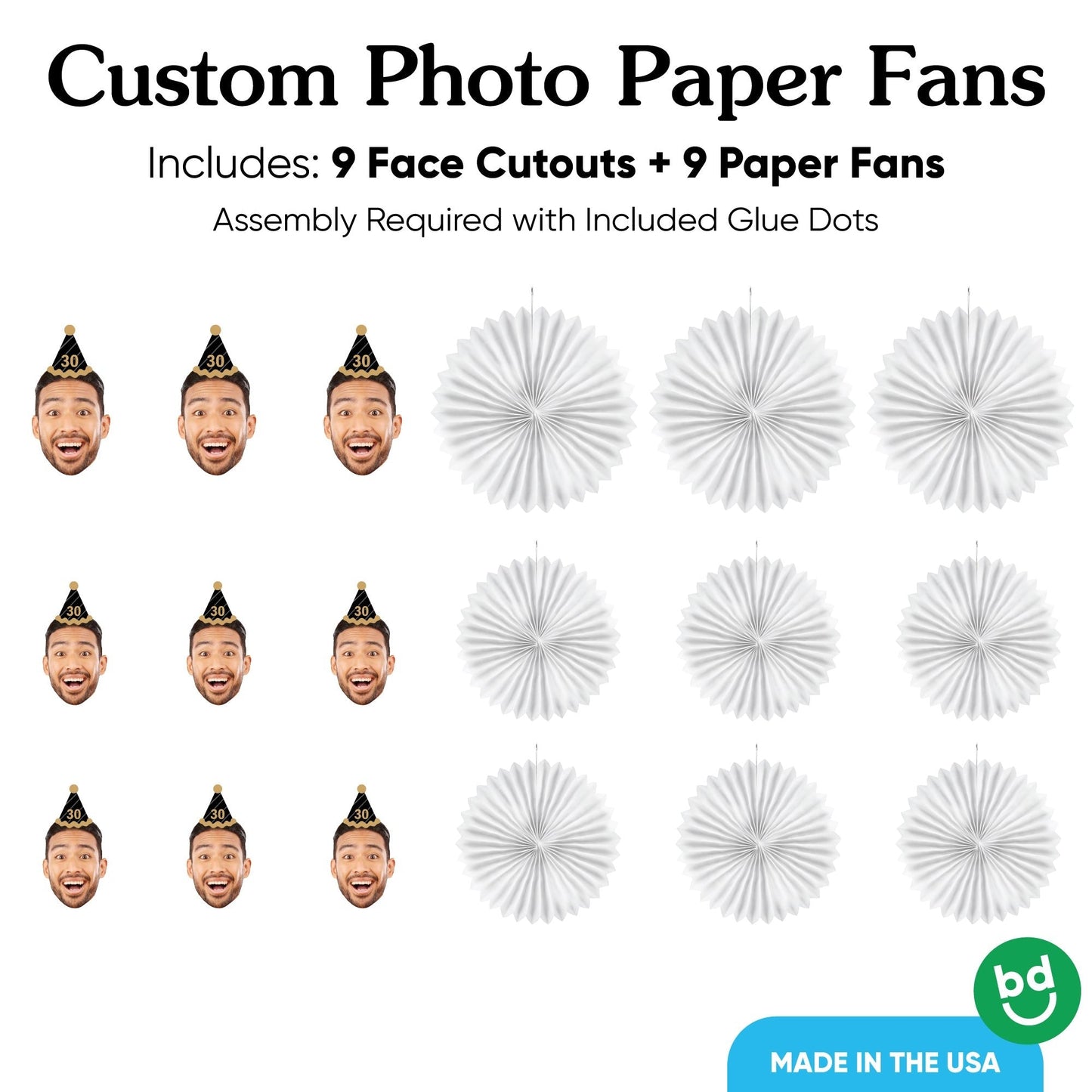 Custom Face Black & Gold Birthday Paper Fans
