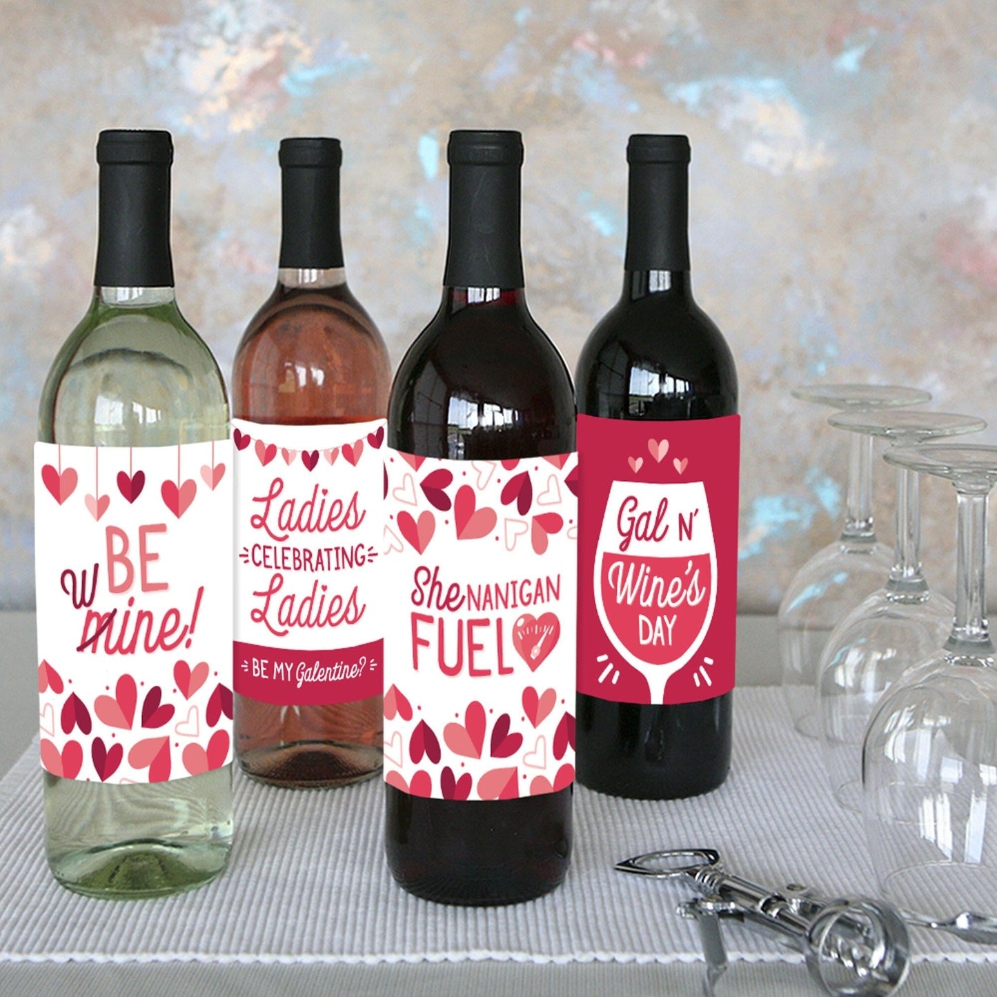 Happy Galentine's Day - Valentine's Day Party Decorations for Women and Men - Wine Bottle Label Stickers - Set of 4