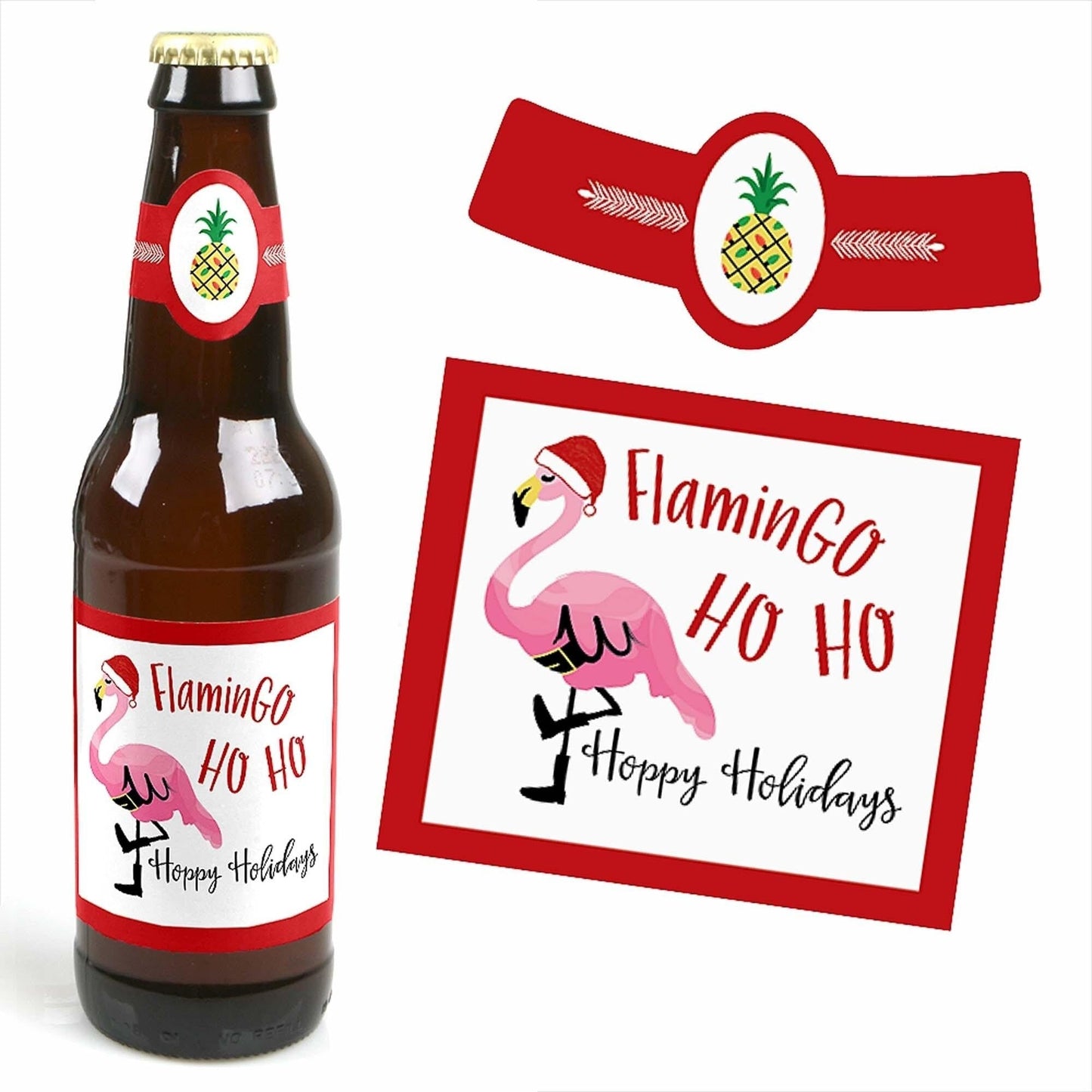 Flamingle Bells - Decorations for Women and Men - 6 Tropical Flamingo Christmas Beer Bottle Label Stickers and 1 Carrier
