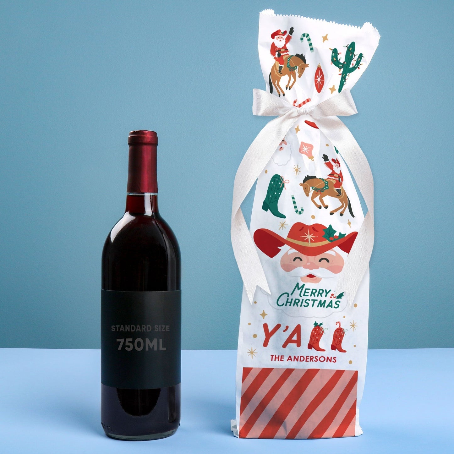 Custom Text Wine Bags - Christmas Cowboy