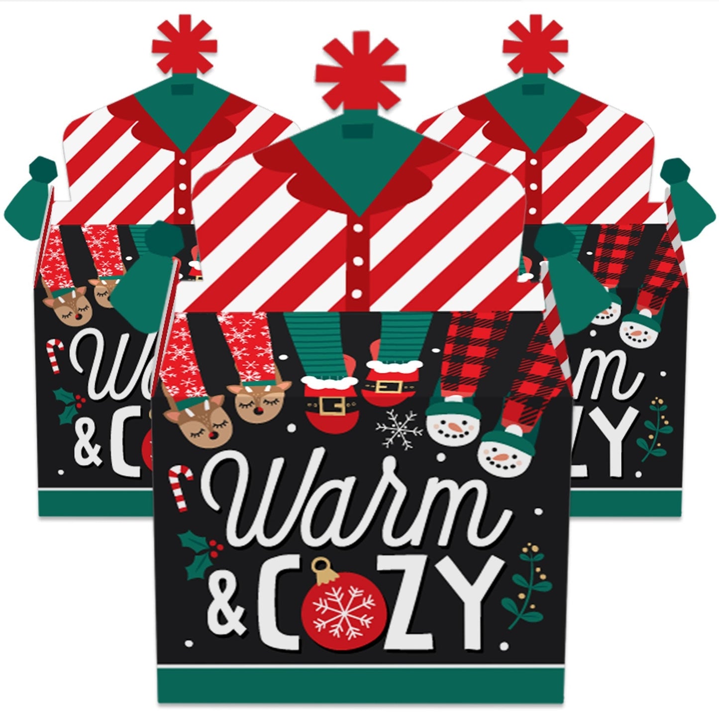 Christmas Pajamas - Treat Box Party Favors - Holiday Plaid PJ Party Goodie Gable Boxes - Set of 12