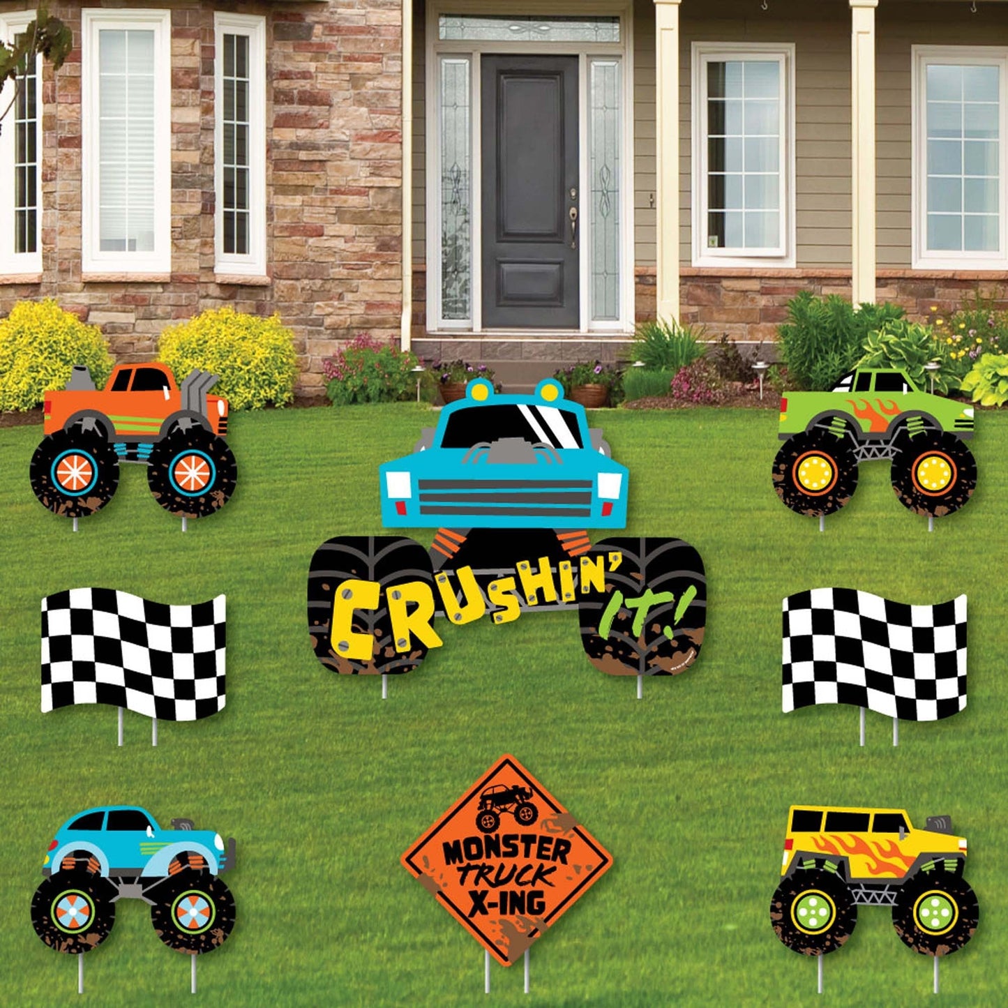 Smash and Crash - Monster Truck - Yard Sign and Outdoor Lawn Decorations - Boy Birthday Party Yard Signs - Set of 8