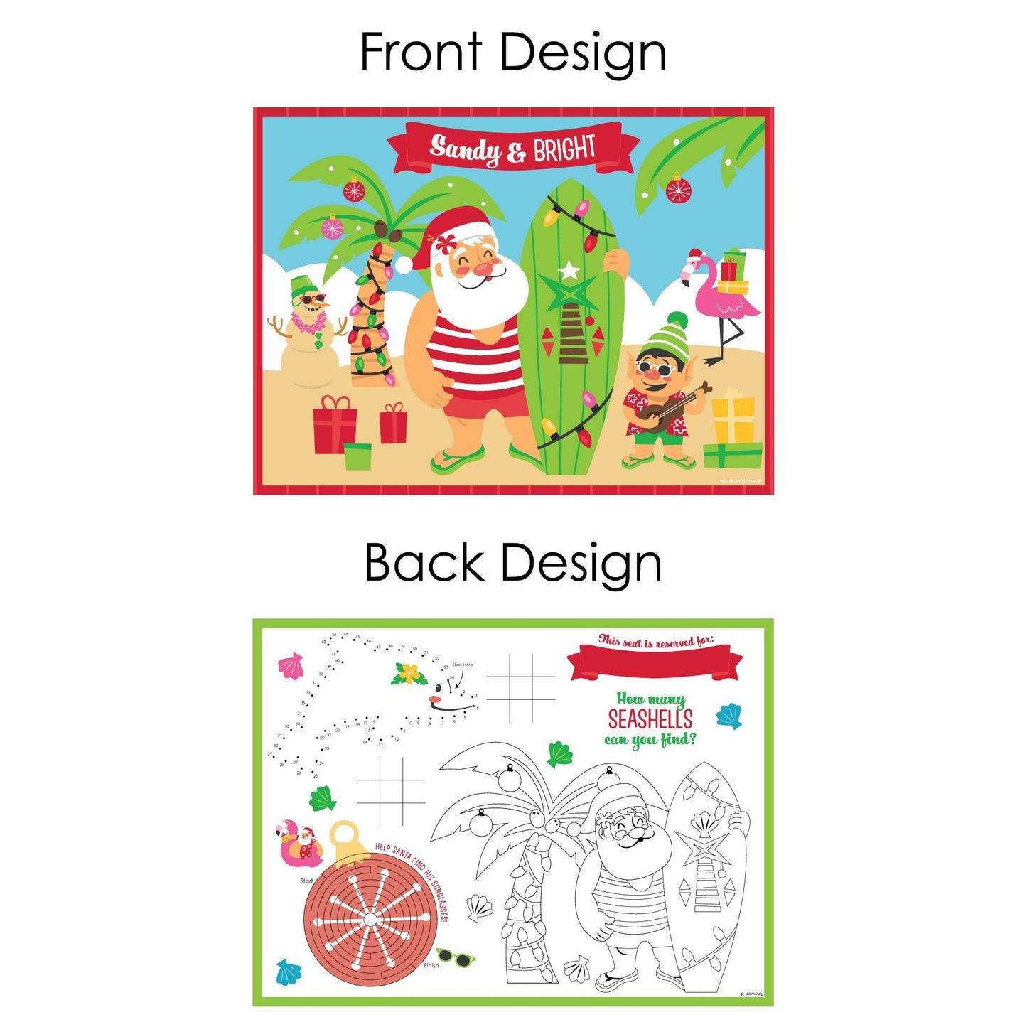 Tropical Christmas - Paper Beach Santa Holiday Party Coloring Sheets - Activity Placemats - Set of 16