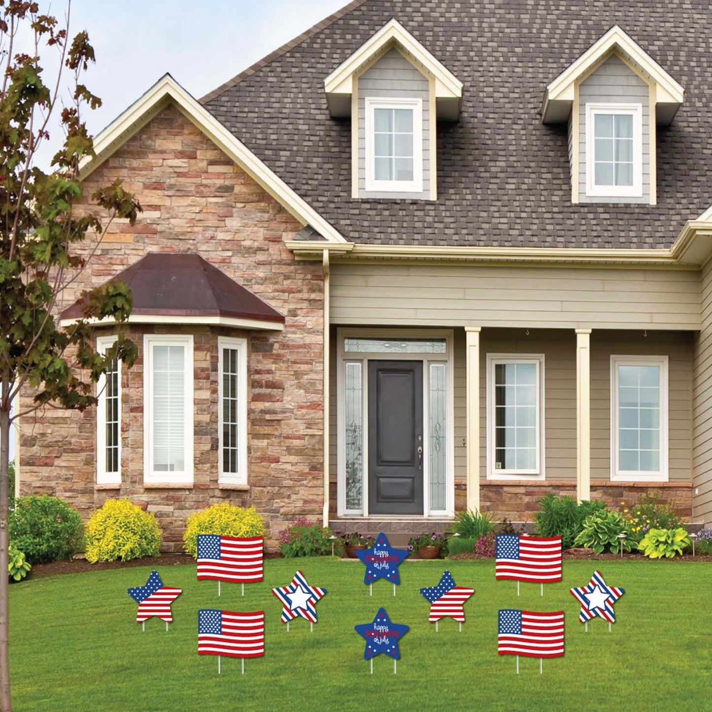 4th of July - Flag and Star Lawn Decorations - Outdoor Fourth Of July Party Yard Decorations - 10 Piece