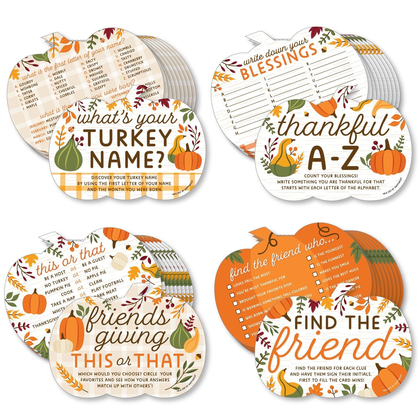 Fall Friends Thanksgiving - 4 Friendsgiving Party Games - 10 Cards Each - Gamerific Bundle