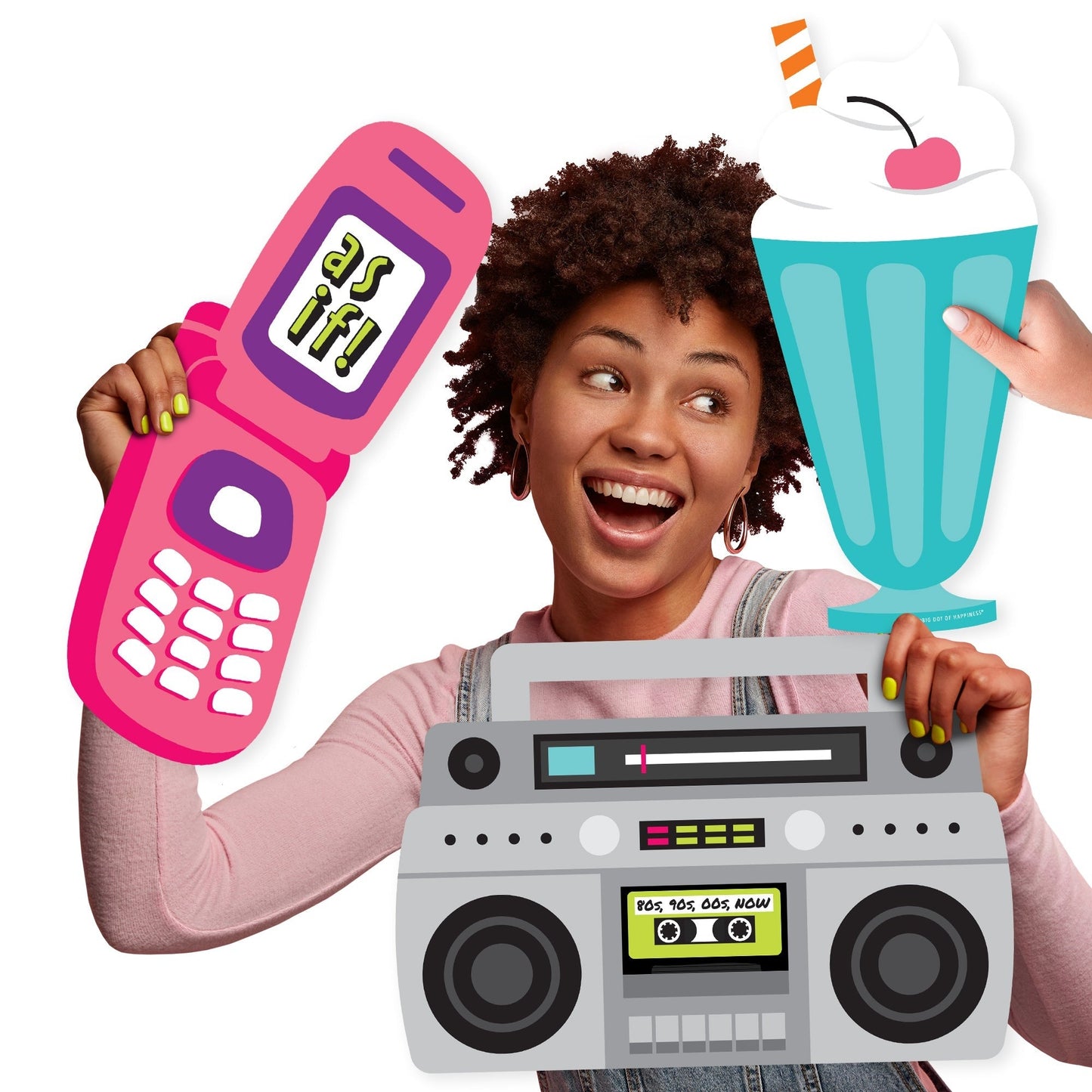 Through the Decades - Milkshake, Flip Phone, and Boom Box Decorations - 50s, 60s, 70s, 80s, and 90s Party Large Photo Props - 3 Pc