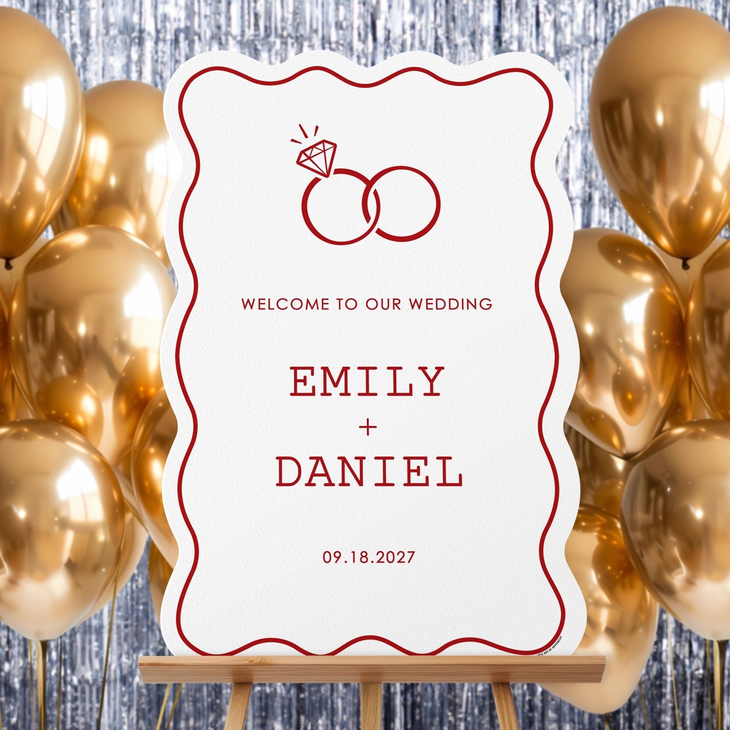 Personalized Text Cherry Red Wedding Rings Welcome Sign (Select Your Size)