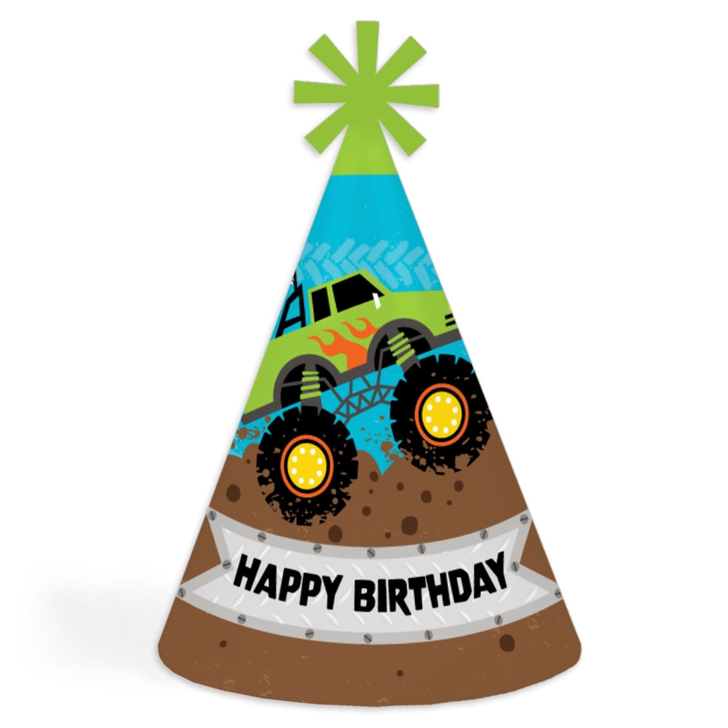 Smash and Crash - Monster Truck - Cone Happy Birthday Party Hats for Kids and Adults - Set of 8 (Standard Size)