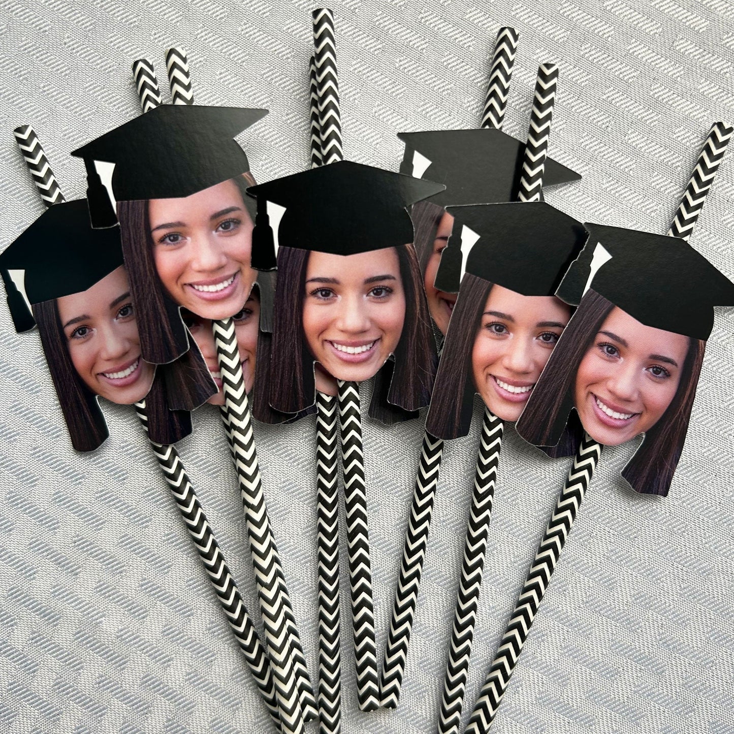 Grad Cap Fun Face Cutout Paper Straw Decor - Custom Graduation Photo Head Cut Out Striped Decorative Straws - Upload 1 Photo - Set of 24