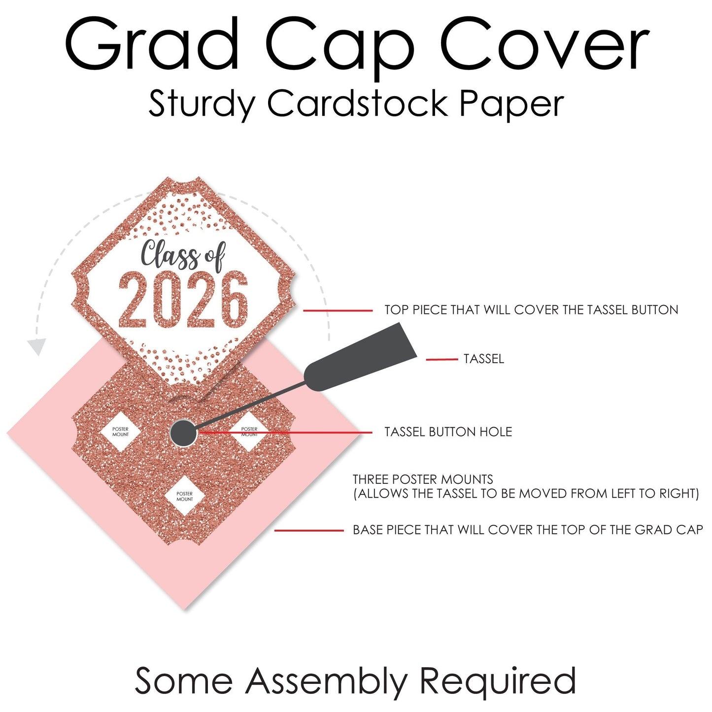 Rose Gold Grad - 2026 Graduation Cap Decorations Kit - Grad Cap Cover