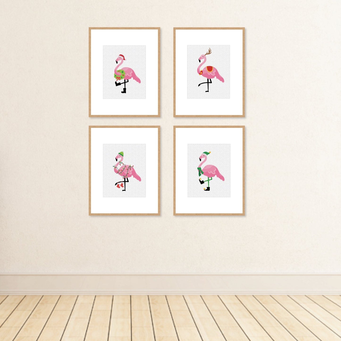 Flamingle Bells - Unframed Tropical Christmas Linen Paper Wall Art - Set of 4 - Artisms - 8 x 10 inches