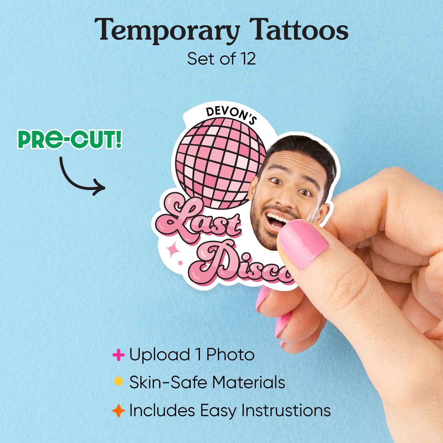 Custom Photo Last Disco - Bachelorette Party Favors - Fun Face Temporary Tattoos - Set of 12