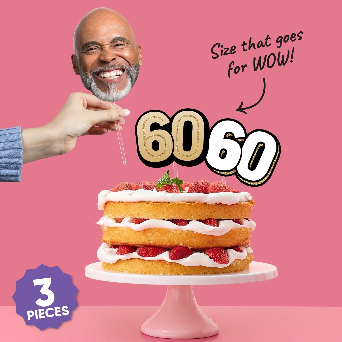 Custom Photo 60th Birthday Cake Topper - 3 Pc
