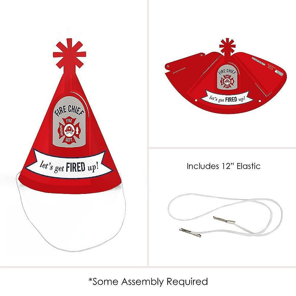 Fired Up Fire Truck - Mini Cone Firefighter Firetruck Baby Shower or Birthday Party Hats - Small Little Party Hats - Set of 8