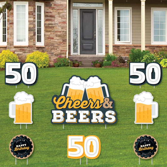 Cheers and Beers to 50 Years - Yard Sign and Outdoor Lawn Decorations - 50th Birthday Party Yard Signs - Set of 8