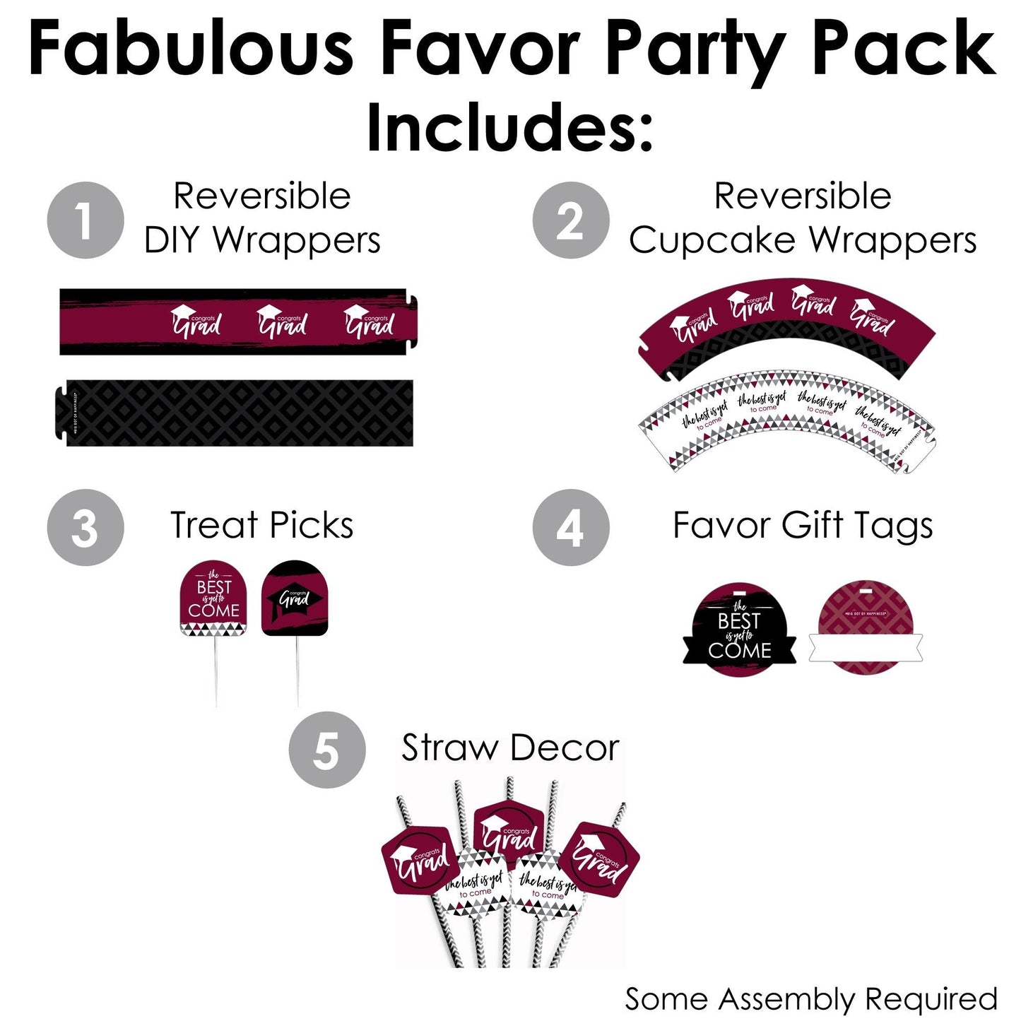 Maroon Grad - Best is Yet to Come - Burgundy Graduation Party Favors and Cupcake Kit - Fabulous Favor Party Pack - 100 Pieces