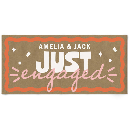 Custom Text Wavy Just Engaged Kraft Banner