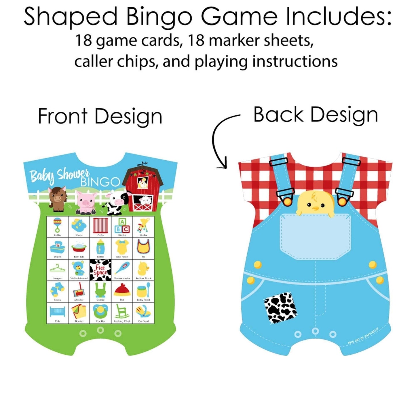 Farm Animals - Picture Bingo Cards and Markers - Barnyard Baby Shower Shaped Bingo Game - Set of 18