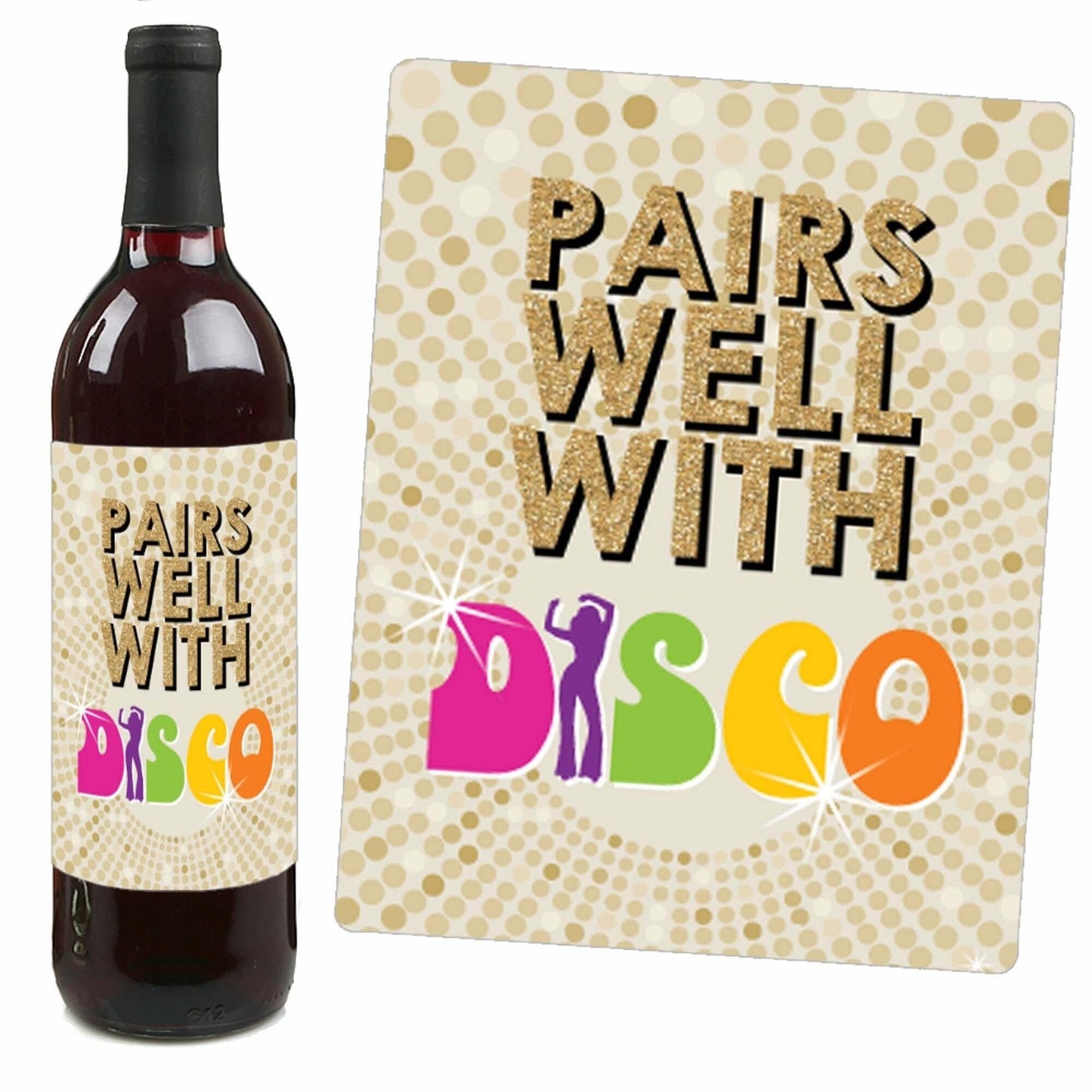 70's Disco - 1970s Party Decorations for Women and Men - Wine Bottle Label Stickers - Set of 4