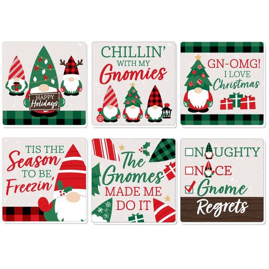 Red and Green Holiday Gnomes - Funny Christmas Party Decorations - Drink Coasters - Set of 6