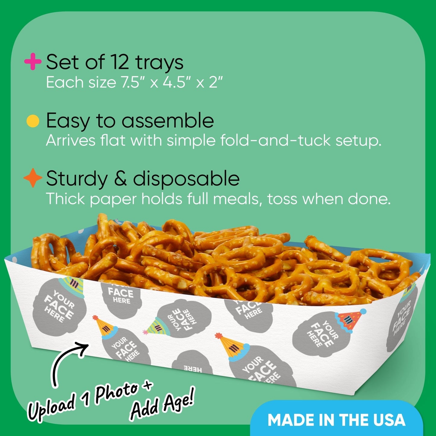 Custom Face Colorful Paper Food Trays - 12 Ct