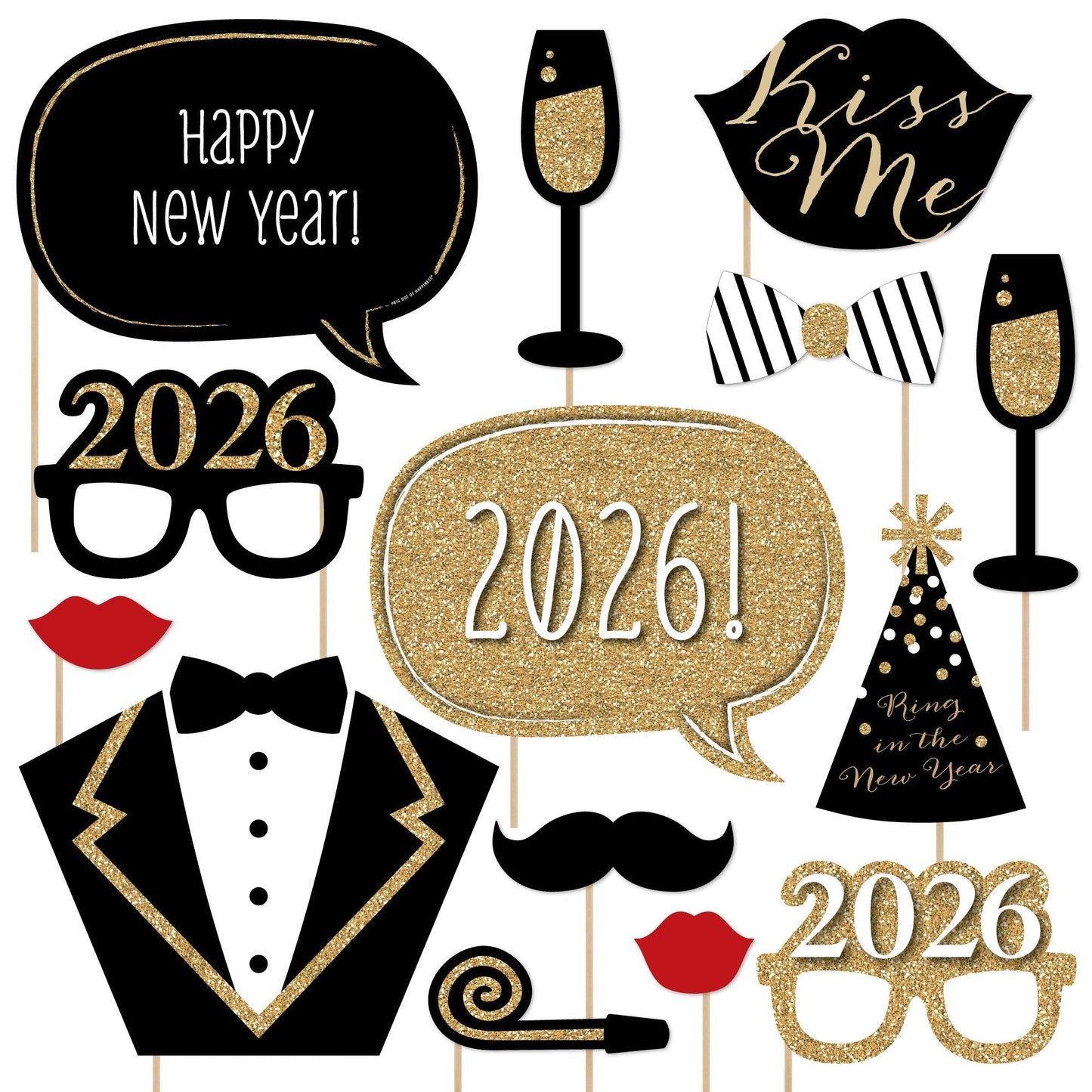 New Year's Eve - Gold - 2026 New Year's Eve Party Photo Booth Props Kit - 20 Count