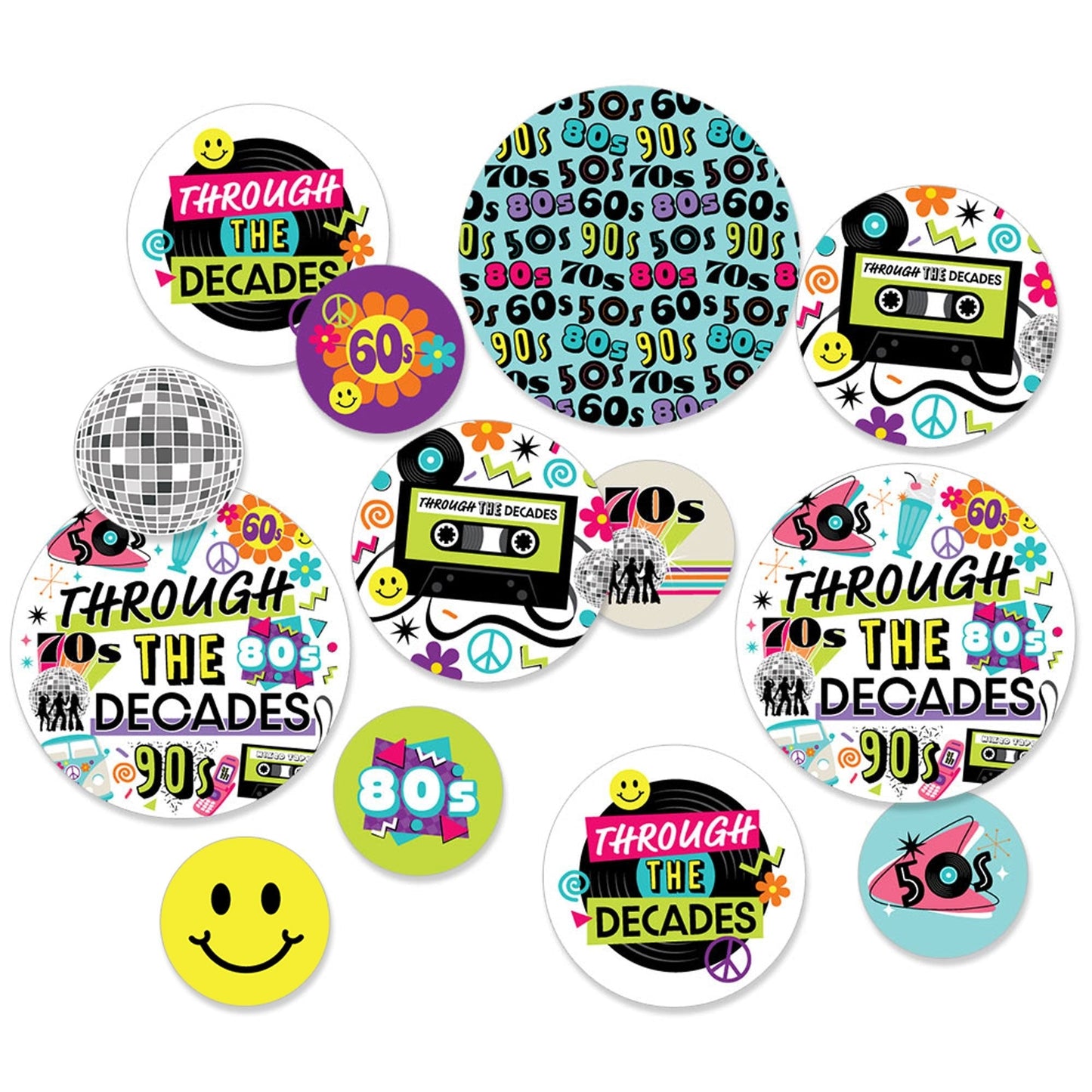 Through the Decades - 50s, 60s, 70s, 80s, and 90s Party Giant Circle Confetti - Party Decorations - Large Confetti 27 Count