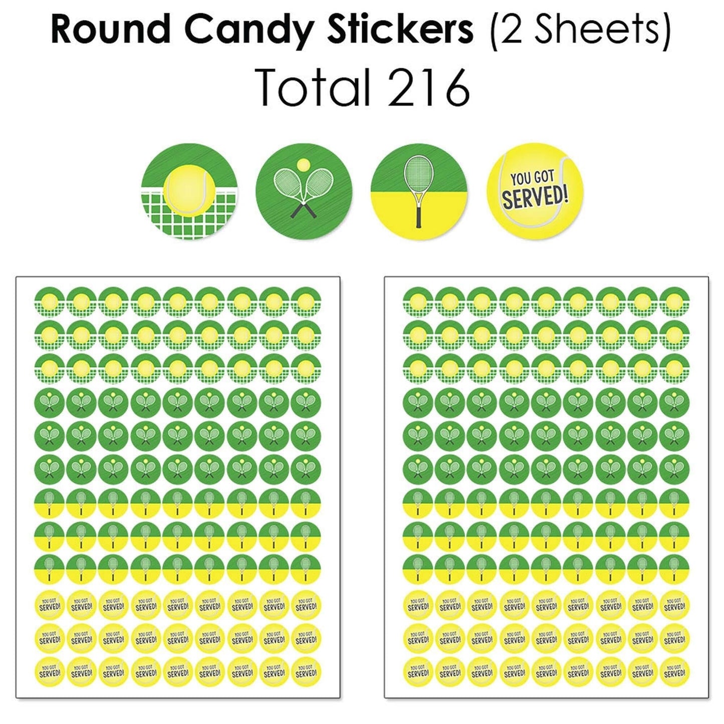 You Got Served - Tennis - Mini Candy Bar Wrappers, Round Candy Stickers and Circle Stickers - Baby Shower or Tennis Ball Birthday Party Candy Favor Sticker Kit - 304 Pieces