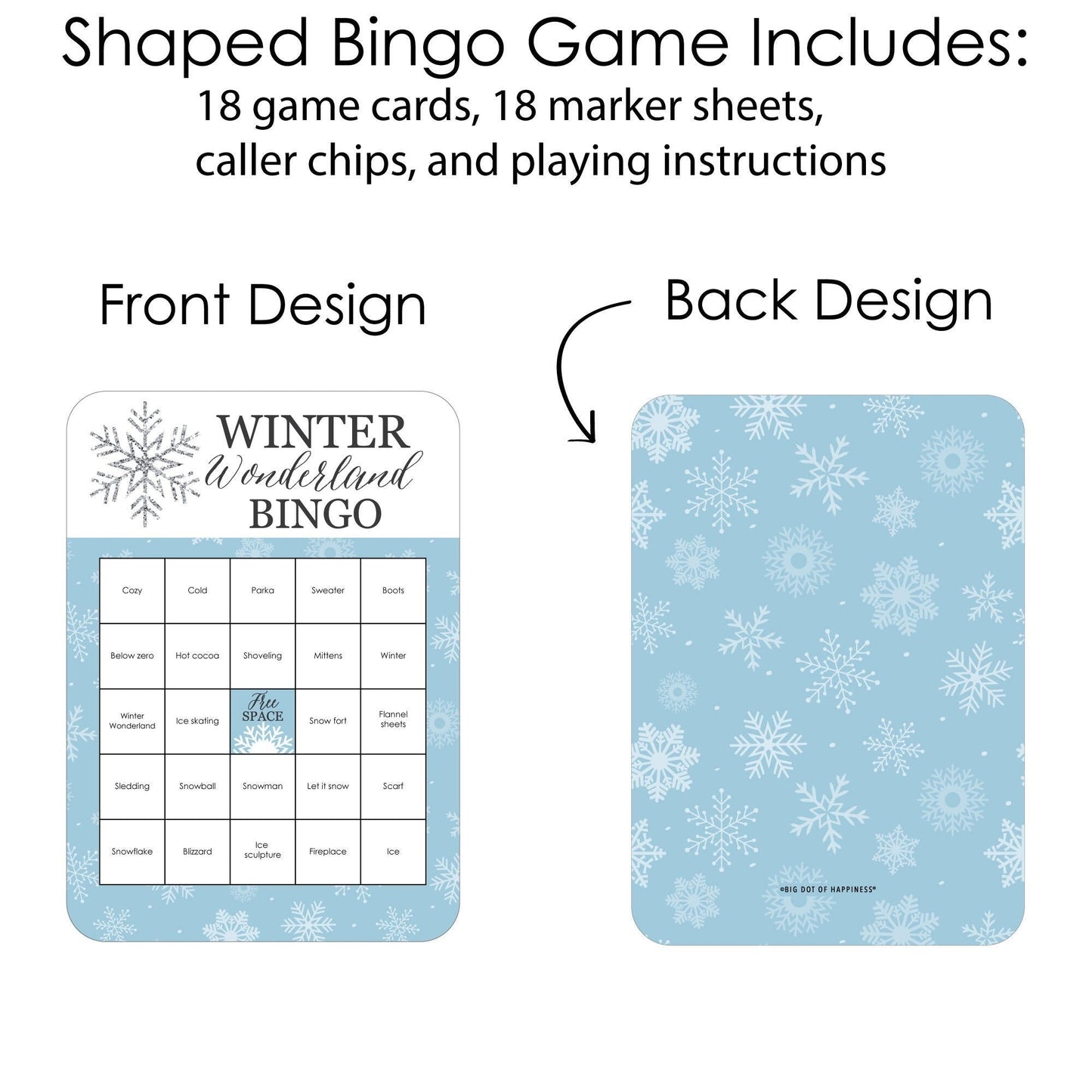 Winter Wonderland - Bingo Cards and Markers - Snowflake Holiday Party and Winter Wedding Bingo Game - Set of 18