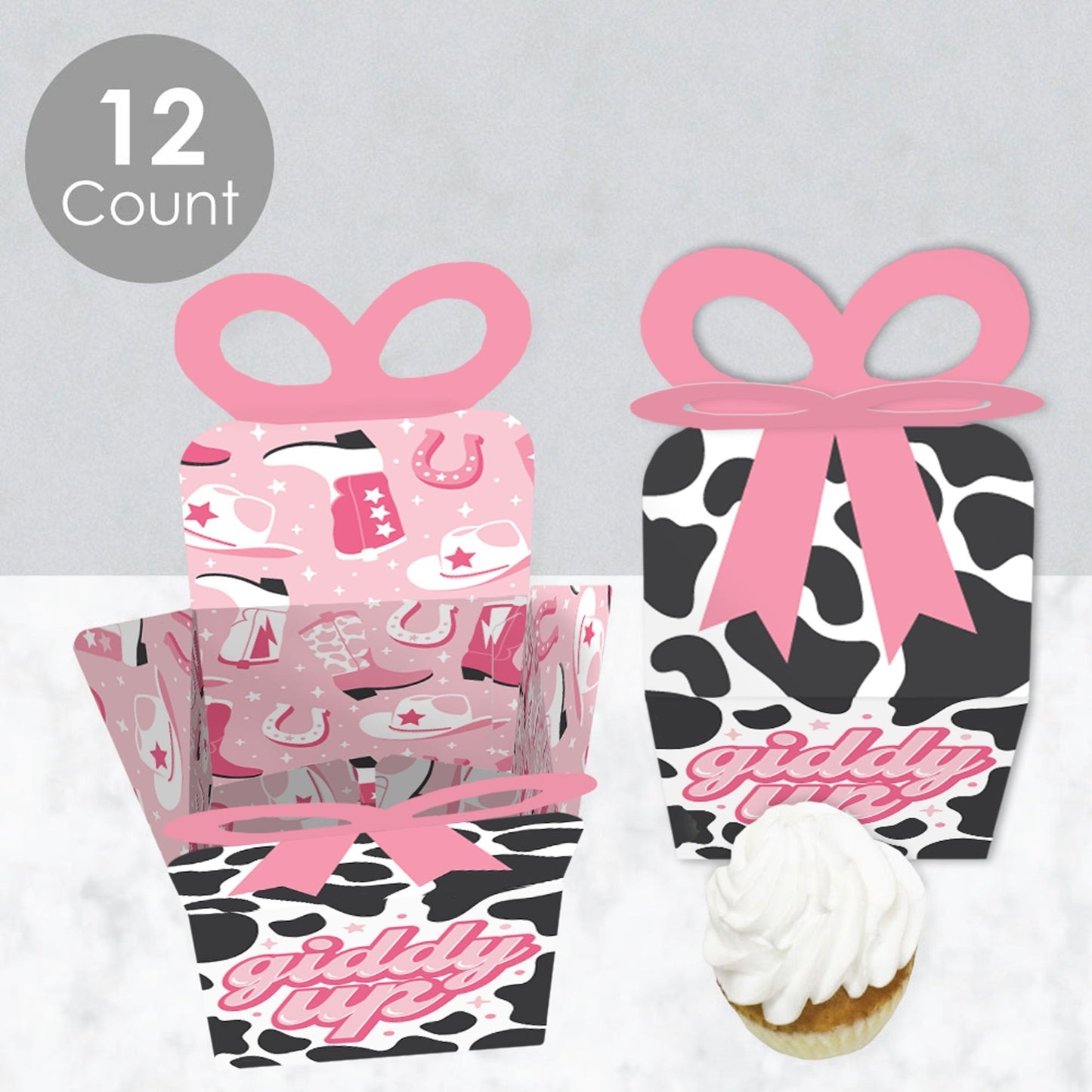 Rodeo Cowgirl - Square Favor Gift Boxes - Pink Western Party Bow Boxes - Set of 12
