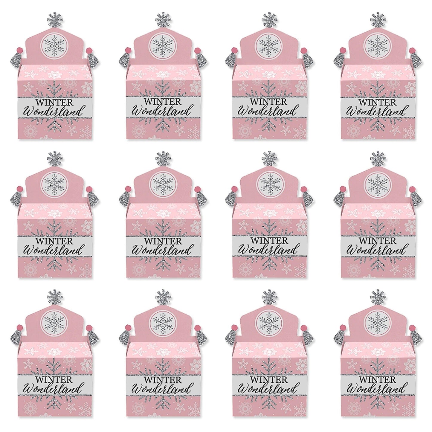 Pink Winter Wonderland - Treat Box Party Favors - Holiday Snowflake Birthday Party and Baby Shower Goodie Gable Boxes - Set of 12