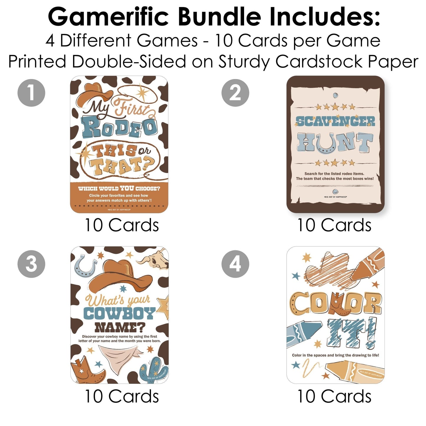 My First Rodeo - 4 Little Cowboy 1st Birthday Party Games - 10 Cards Each - Gamerific Bundle