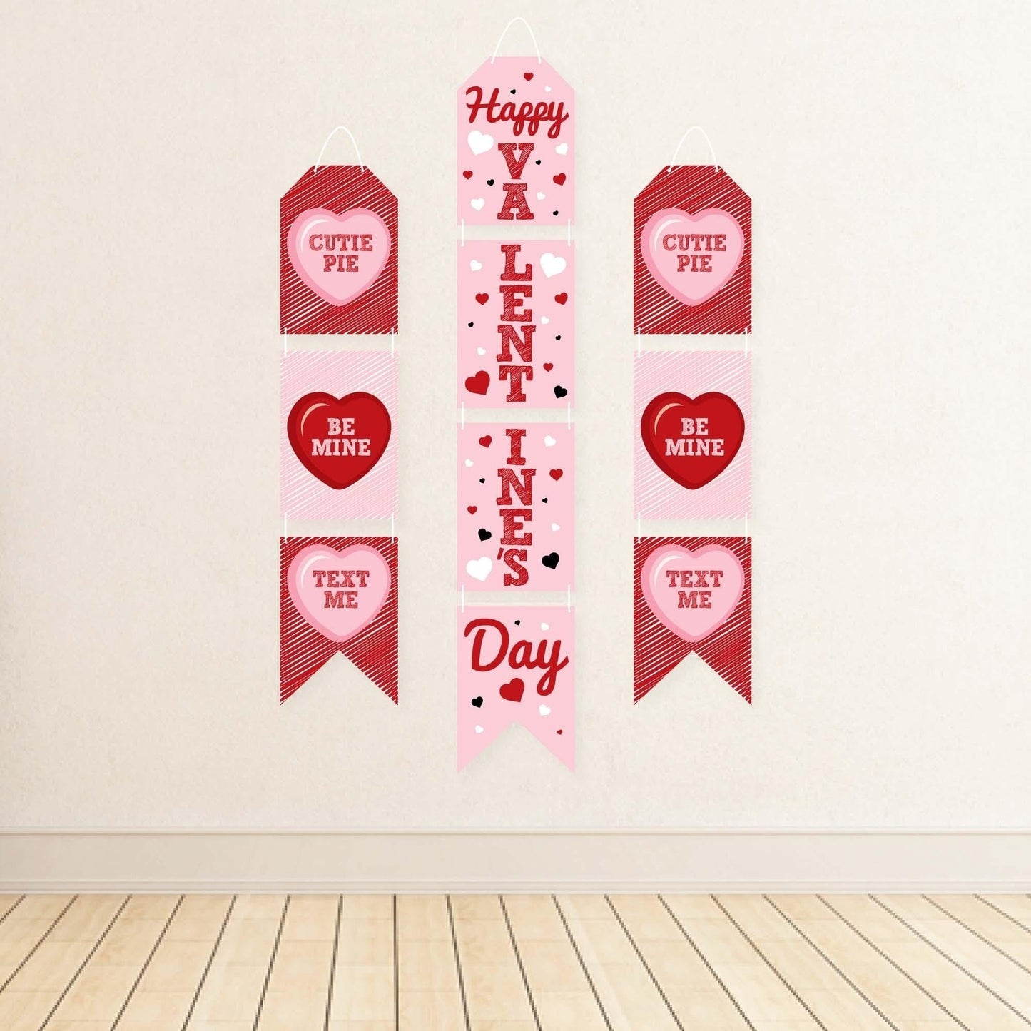 Conversation Hearts - Hanging Vertical Paper Door Banners - Valentine's Day Party Wall Decoration Kit - Indoor Door Decor