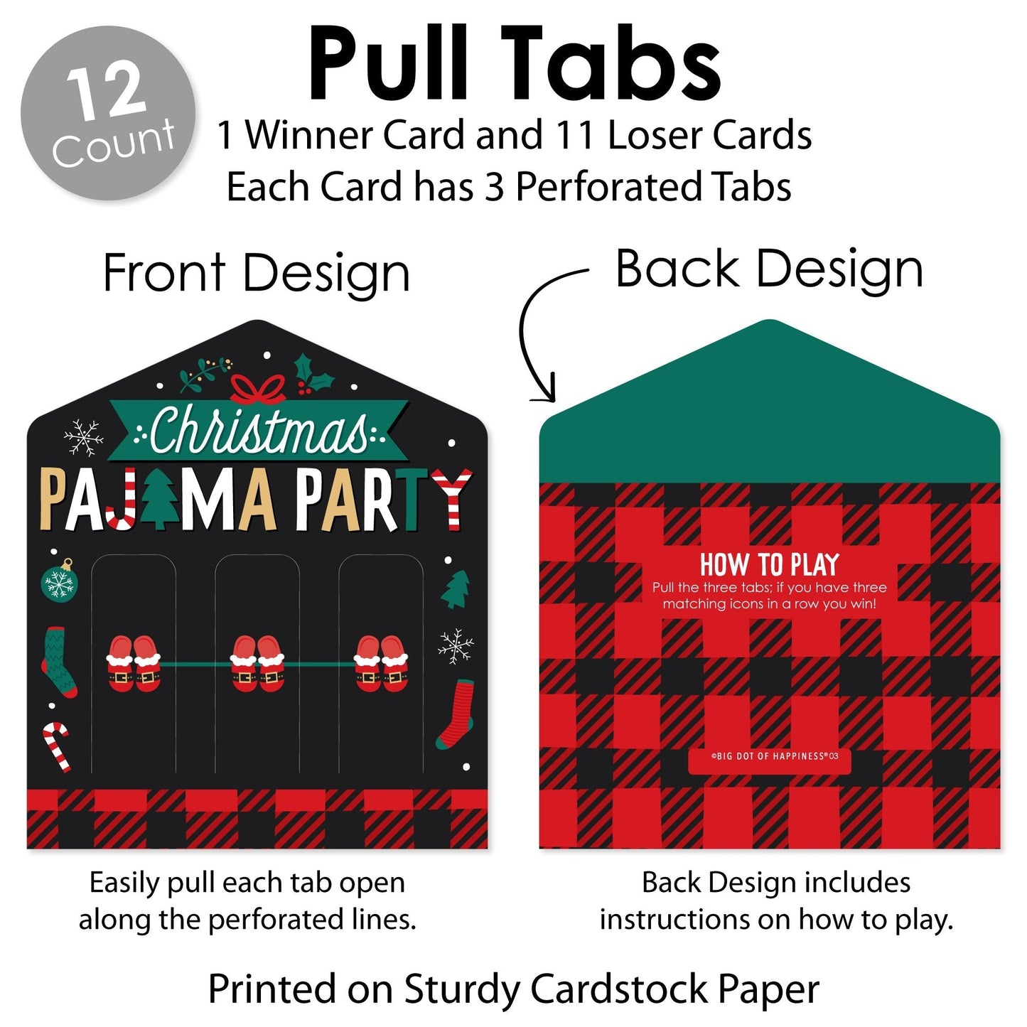 Christmas Pajamas - Holiday Plaid PJ Party Game Pickle Cards - Pull Tabs 3-in-a-Row - Set of 12