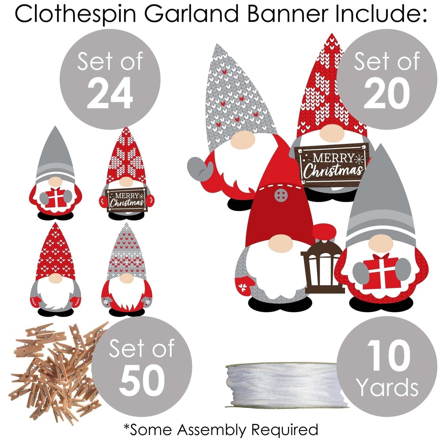 Christmas Gnomes - Holiday Party Decorations - Clothespin Garland Banner - 44 Pieces