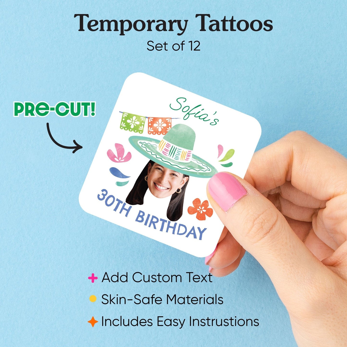 Custom Face Fiesta Temporary Tattoos - 12 Ct