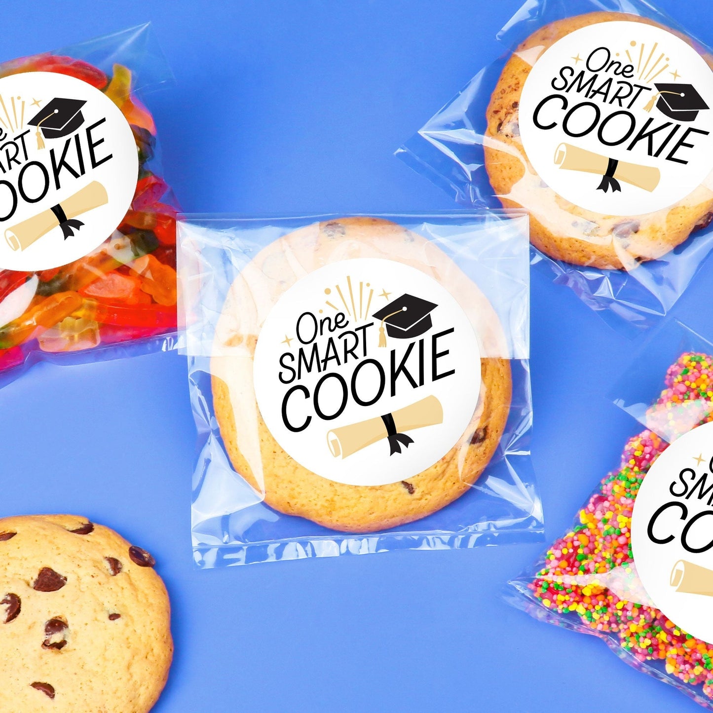Black and Gold Grad Stickers & Clear Cookie Bags - 25 Ct