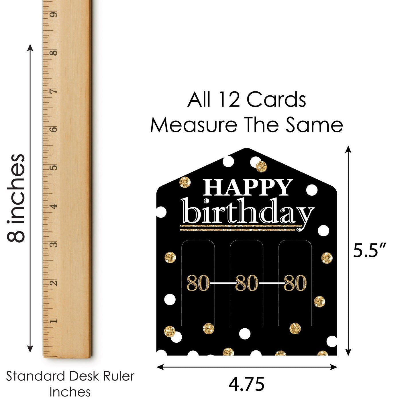 Adult 80th Birthday - Gold - Birthday Party Game Pickle Cards - Pull Tabs 3-in-a-Row - Set of 12