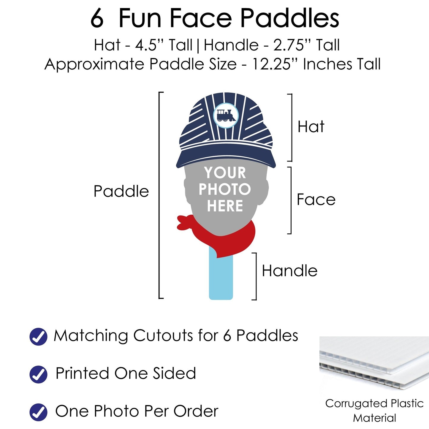 Custom Photo Railroad Party Crossing - Steam Train Birthday Party or Baby Shower Head Cut Out Photo Booth and Fan Props - Fun Face Cutout Paddles - Set of 6